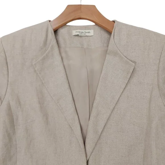 Amanda Smith Blazer Womens 8 Tan Pure Linen Belted Lined Single Button Casual - Picture 5 of 12